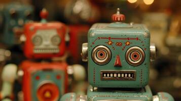 Vintage toy robots on display, showcasing intricate designs and colorful features in a lively background photo