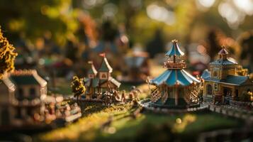 Miniature village scene with a carousel, surrounded by colorful houses and vibrant trees photo