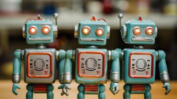 Three vintage robots with glowing eyes stand in a workshop, surrounded by tools and materials photo