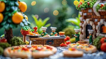 Miniature chefs preparing colorful pizzas in a vibrant garden setting with bokeh lights photo