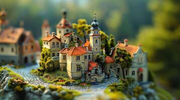 Miniature village with intricate architecture and lush greenery, set against a blurred forest backdrop photo