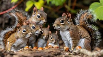 Group of playful squirrels gathering acorns in a lush garden, surrounded by vibrant foliage photo