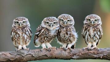 Four adorable owls perched closely on a branch, surrounded by a softly blurred natural background photo
