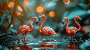 Four vibrant flamingo figurines standing in a serene pond surrounded by lush greenery and bokeh lights photo