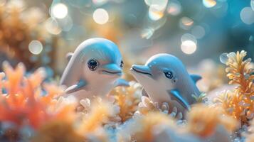 Two playful dolphins amidst colorful coral reefs, shimmering light creating a magical underwater scene photo