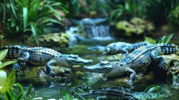 Two crocodiles engage in a playful interaction near a serene water stream surrounded by lush greenery photo