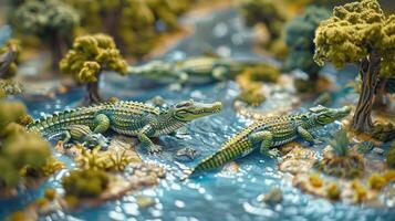 Colorful miniature crocodiles basking by a shimmering river surrounded by lush greenery photo