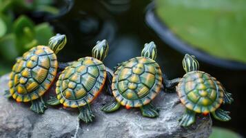 Four colorful turtle figurines basking on a rock near a serene pond with lush greenery photo
