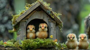 Three adorable chick figurines peeking from a rustic wooden birdhouse surrounded by greenery photo