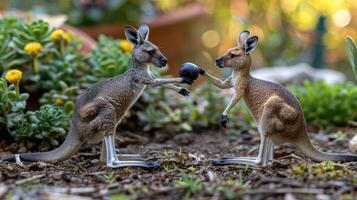 Two kangaroos playfully engaging in a friendly competition in a lush garden setting photo