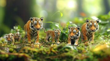 Family of Tigers Walking Through Lush Green Jungle with Sunlight Filtering Through Trees photo