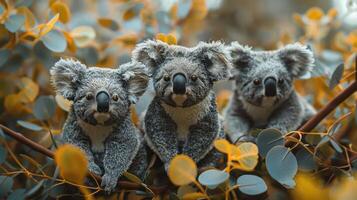 Three koalas perched on a branch surrounded by vibrant eucalyptus leaves in a serene setting photo