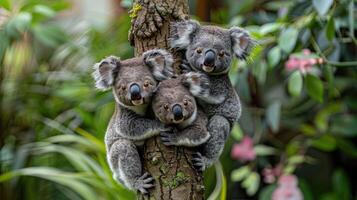 Three koalas playfully clinging to a tree trunk in a lush green environment with vibrant foliage photo
