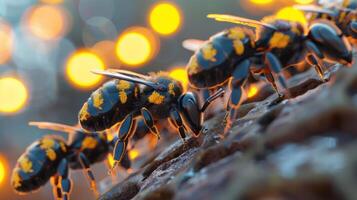 Close-up of vibrant bees collecting pollen on a textured surface with a blurred bokeh background photo