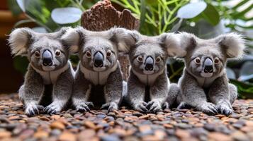 Four plush koala toys arranged in a row on a textured surface surrounded by greenery photo