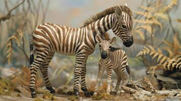A serene depiction of a mother zebra and her calf in a lush, natural environment photo