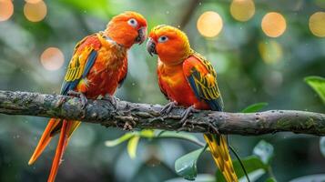 Two vibrant parrots perched on a branch in a lush, green environment with soft bokeh lights photo