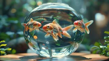 Three colorful goldfish swimming in a clear bowl surrounded by lush greenery and soft lighting photo