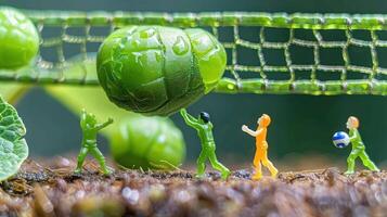 Miniature figures playing with a large green object in a lush, natural setting with blurred background photo