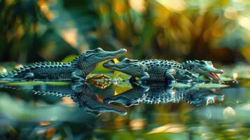 Three crocodiles interacting in a serene wetland, surrounded by lush greenery and soft sunlight photo