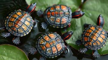 Four turtles basking on lily pads in a serene pond, surrounded by vibrant greenery and reflections photo