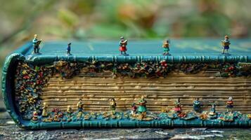 Miniature figures playfully interacting atop a vintage book, surrounded by a lush, natural backdrop photo