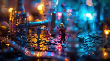 Miniature scene depicting a joyful reunion between a man and a girl amidst a vibrant, illuminated background photo