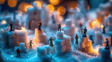 Miniature figures constructing a sugary landscape at night with glowing lights in the background photo