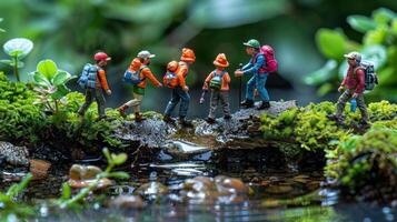 Miniature hikers crossing a mossy bridge over a serene stream in a lush green environment photo