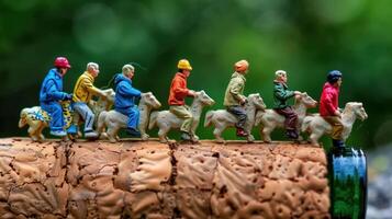 Miniature figures riding toy horses on a cork, surrounded by a blurred green background photo
