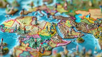 Detailed 3D map of Africa with miniature figures exploring various regions and landmarks photo