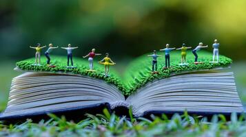 Miniature figures dancing on an open book surrounded by lush greenery in a serene park photo