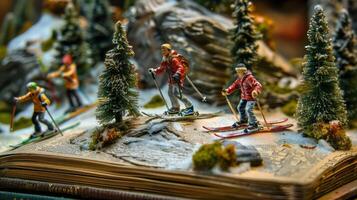 Miniature Skiers on a Snowy Mountain Scene atop an Open Book in a Cozy Indoor Setting photo