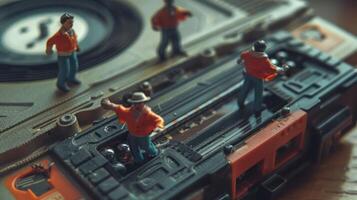Miniature figures dancing on a vintage cassette player, capturing a nostalgic music scene photo