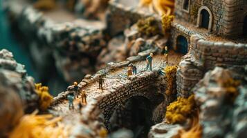 Miniature scene depicting figures navigating a rocky landscape with a stone bridge and detailed architecture photo