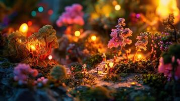 Enchanting miniature landscape with glowing trees, vibrant flowers, and tiny figures in a magical setting photo