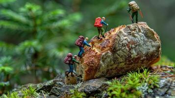 Miniature hikers climbing a rocky terrain in a lush forest, showcasing adventure and exploration photo