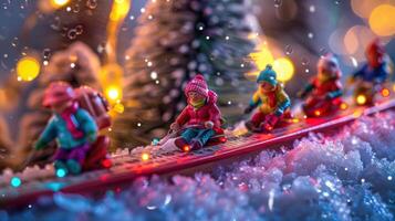Colorful miniature figures skiing down a snowy slope with festive lights and trees in the background photo