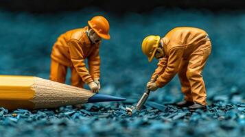 Miniature workers using tools to shape a large colored pencil on a vibrant blue surface photo
