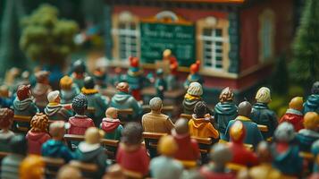 Miniature crowd watching a performance at an outdoor venue surrounded by trees and buildings photo