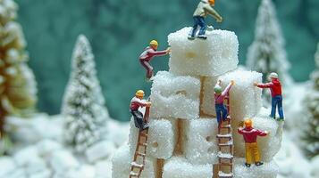 Miniature figures climbing a sugar cube mountain in a snowy landscape with trees in the background photo