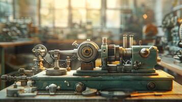 Vintage workshop with a detailed mechanical lathe, sunlight filtering through windows, tools scattered photo