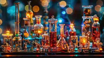 Colorful laboratory setup with glowing glassware, scientific instruments, and festive bokeh background photo