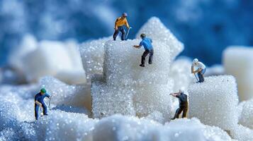 Miniature workers constructing a sugar cube landscape amidst a blue, blurred background photo