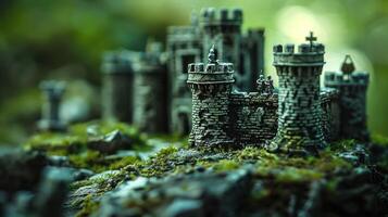 Intricate miniature castle surrounded by lush greenery, showcasing detailed architecture and nature photo