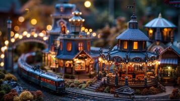 Miniature train set with illuminated buildings and carousel at dusk, creating a festive atmosphere photo