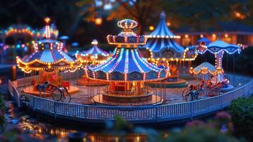 Colorful carousel illuminated at night in a festive park, surrounded by trees and lights photo