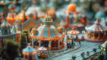 Colorful miniature carousel in a vibrant amusement park setting with blurred festive background photo