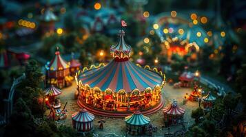 Colorful carousel in a vibrant amusement park at dusk, surrounded by twinkling lights and festive atmosphere photo