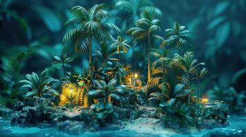 Lush tropical island with vibrant palm trees and glowing lanterns amidst dense foliage at dusk photo